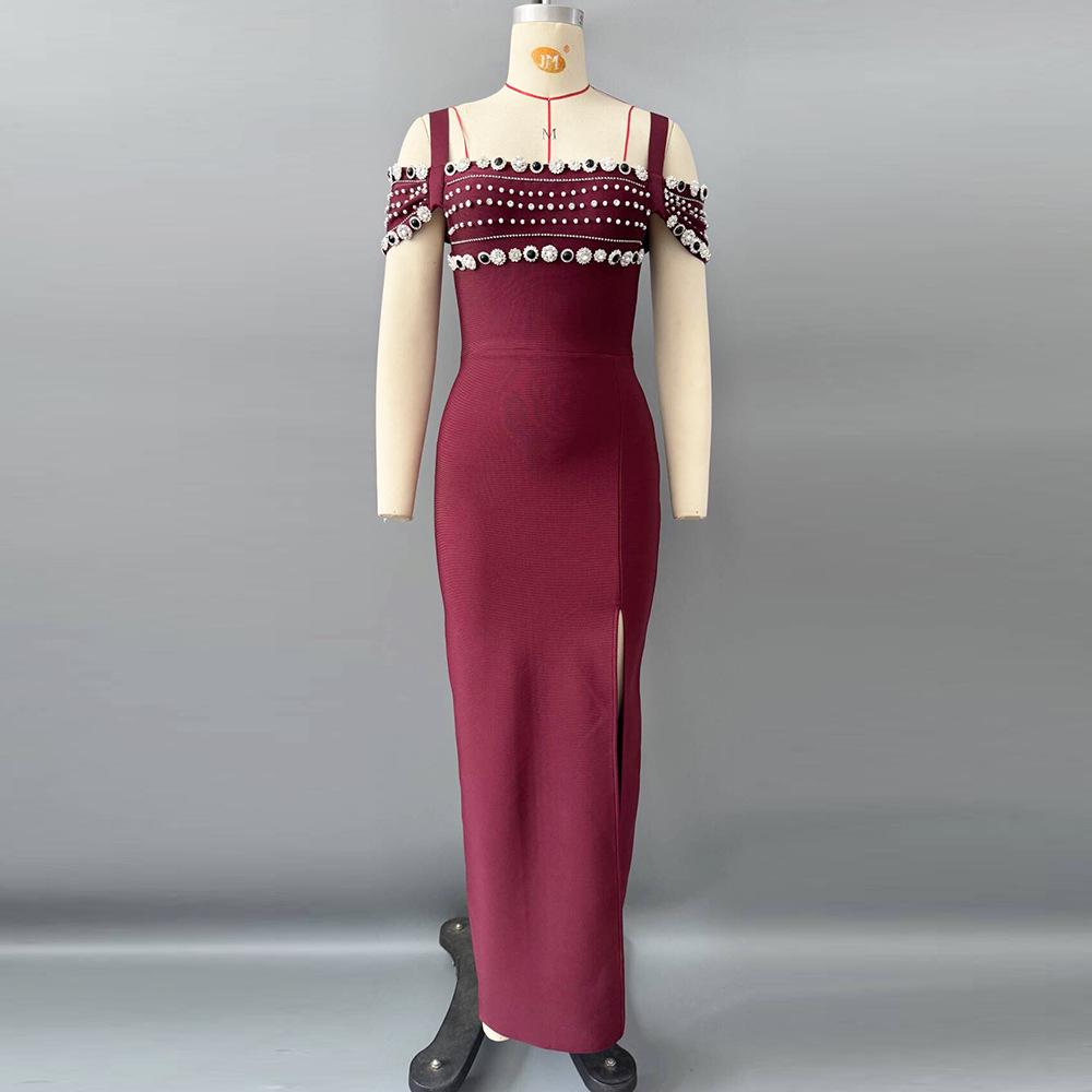

Elegant Rhinestone Beaded Strappy Bandage Evening Dress M вина червоного кольору
