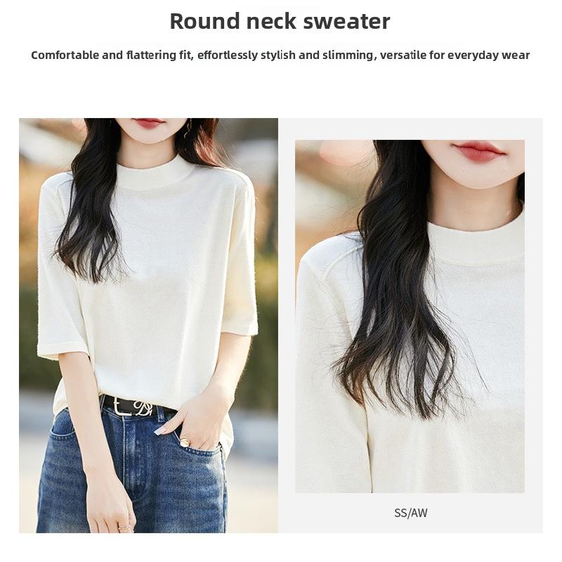 Half-high Round Neck Knit Short-sleeve Top, 2026 Spring-summer New Women's Solid Color Pullover Base Shirt