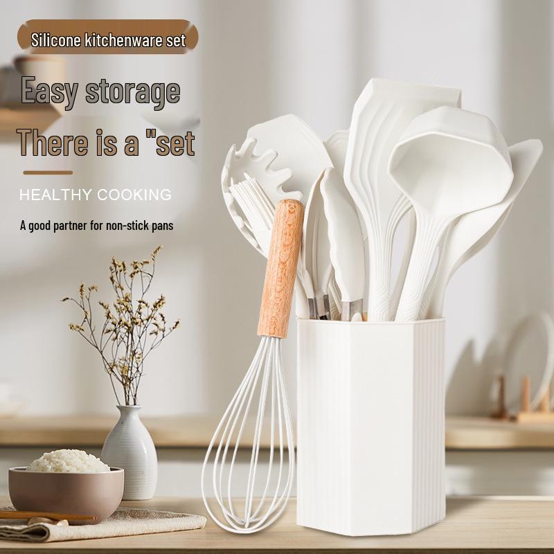 12-Piece Silicone Kitchenware Set with Wooden Handles: Non-Stick Cooking Tools with Shovel, Spoon, and Soup Spoon in Storage Bucket.