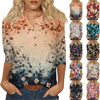 Top de damă, lejer, cu mâneci șapte sferturi, cu imprimeu floral, cu gât rotund, cu nasturi