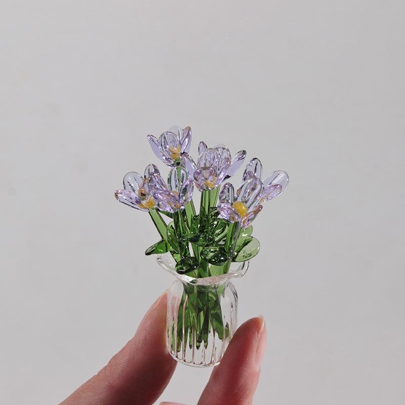 6/7Pcs Mini Lifelike Glass Flowers Simulation Flowers Handcrafted Floral Sculpture Floral Bouquet With Vase Home Decoration Gift