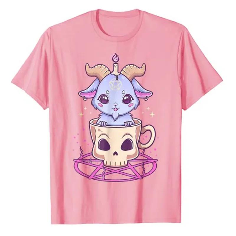 Kawaii Pastel Goth Niedlich Gruselig Pentagramm Baphomet Ziege T-Shirt Anime Manga Liebhaber Grafik T-Shirt Ästhetische Kleidung Halloween Kostüm