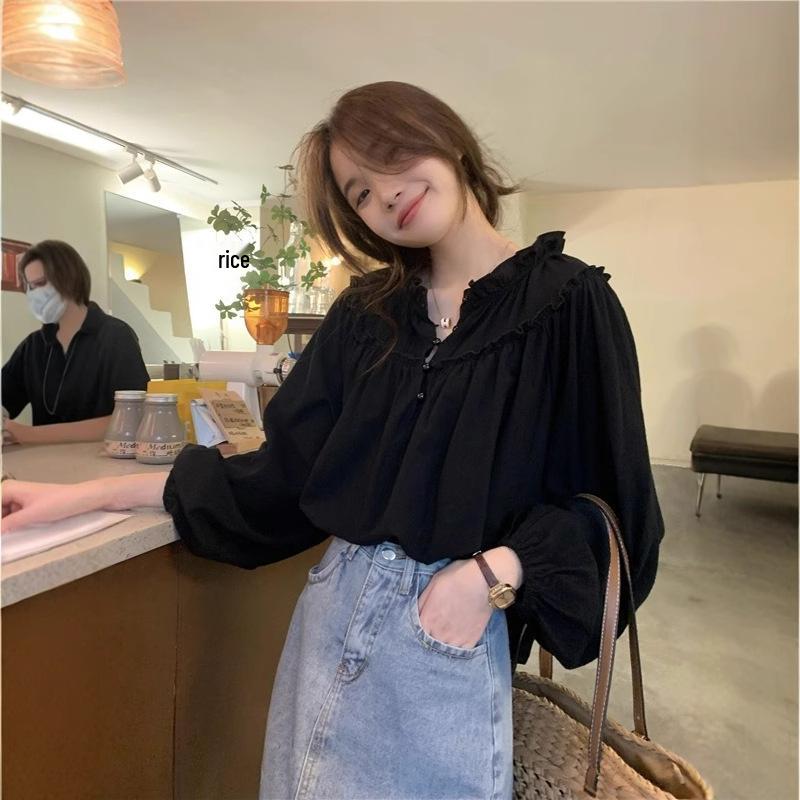 2025 Retro French Bubble Sleeve Ruffle Shirt for Women