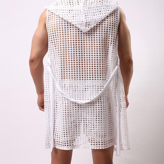 Männer Sexy Nachthemd mit Kapuze Ärmellos Einfarbig Aushöhlen Mesh Loungewear Schnürung Nacht Robe