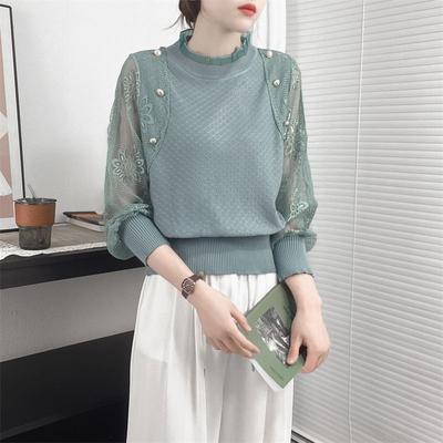 Hollow Knitted Women's Thin Bottom ShirtLantern Long Sleeved Lace Patchwork Top