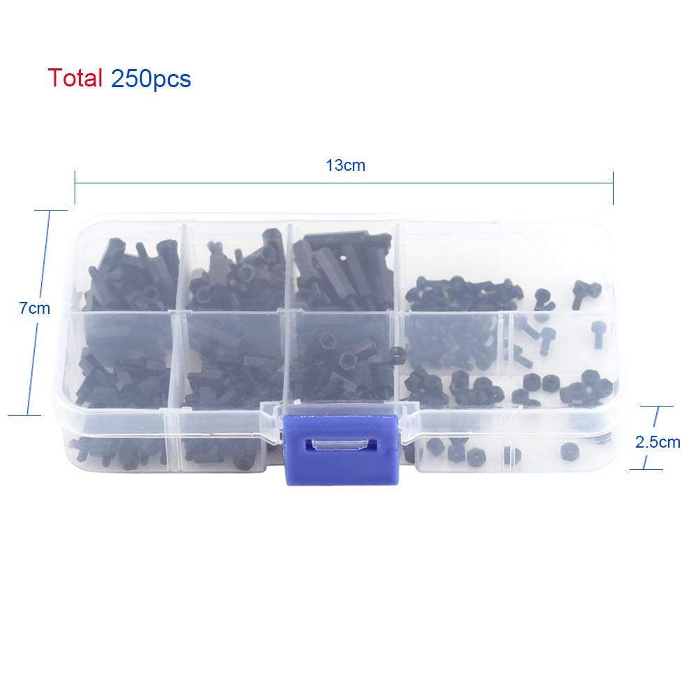 250pcs Plastic Shims Standoffs Nylon Spacer Nylon M2 M3 Male Female Hex Column Standoff Screws Nuts Assortment Kit, for Communication Electroplating