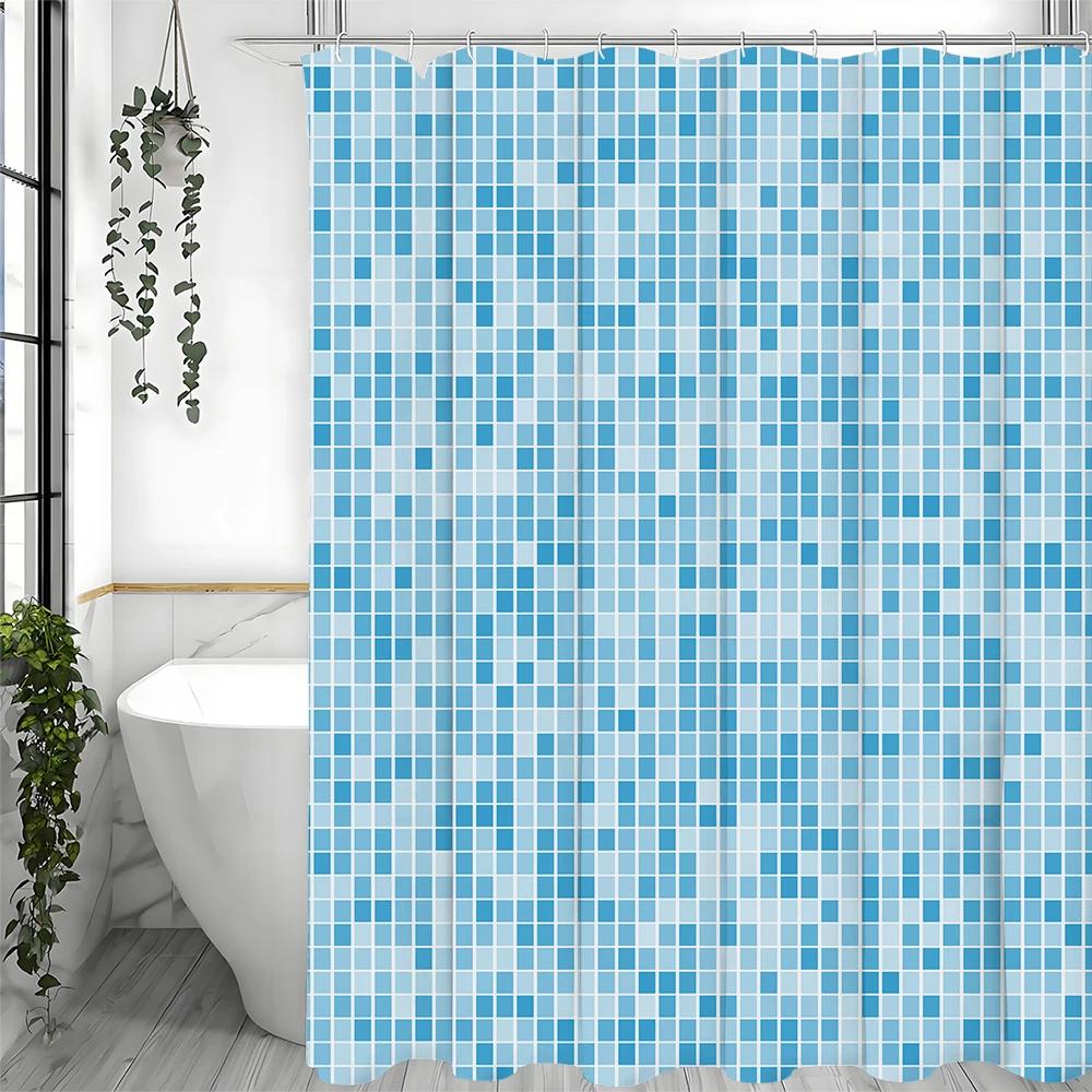 Moderní Kreativní Geometrický Vzor Modrý Sprchový Závěs, Dekorativní Sprchový Závěs do Koupelny, Voděodolný Sprchový Závěs s Háčky