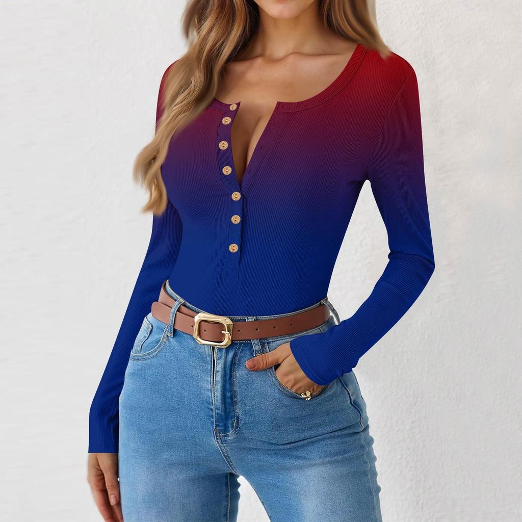 Women's  And Winter Slim Bottom T-shirt Fashion Casual Gradient Printing Round Neck Pullover Long Sleeve Top