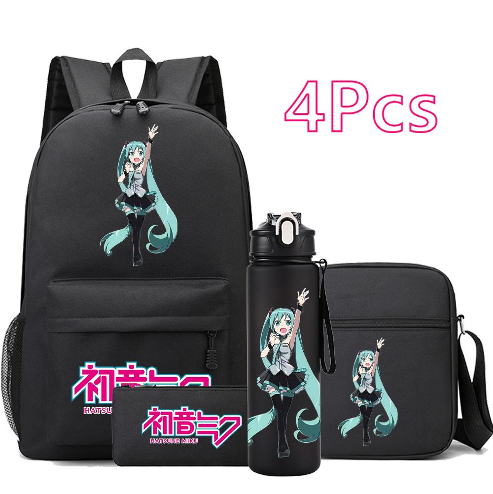 4Pcs/set Anime Hatsune Miku Printed Backpack Bookbag Shoulder Bag Case Bag with 750Ml Water Bottler for Boy Girl Large Capacity Waterproof Schoolbag