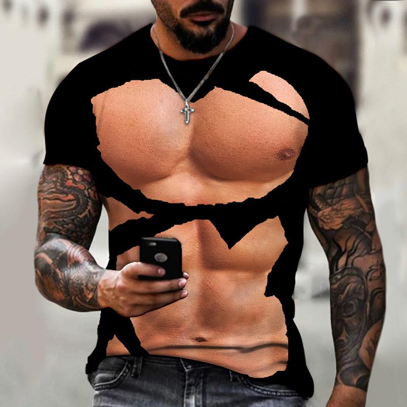 Summer Hip Hop Personality Abdominal Muscle Chest Muscle Abstract Funny Print Men's T-shirt Short Sleeve Tops