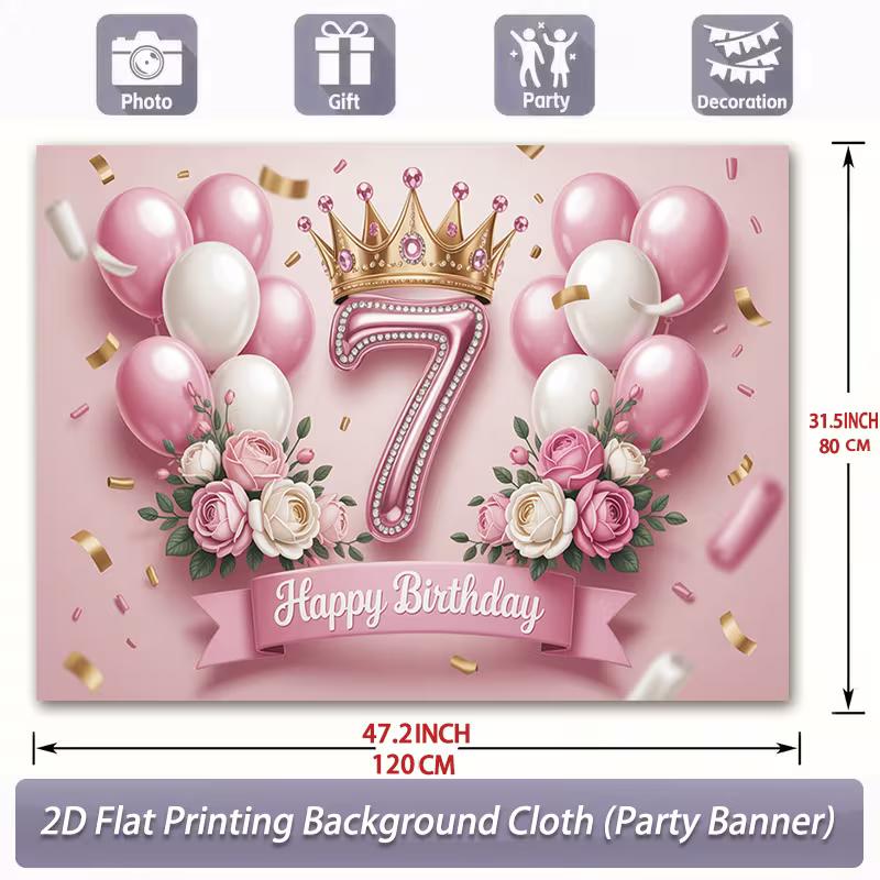 

2D Glitter Pink 7th Birthday Backdrop Banner with Balloons & Flowers 47.2x31.5inch/120*80cm