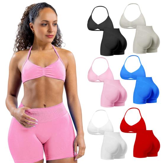 Dvoudílné cvičební sety pro ženy Bez zádů Tanga Sportovní podprsenka a Šortky s vysokým pasem Set Bezešvé Oblečení na posilovnu a jógu