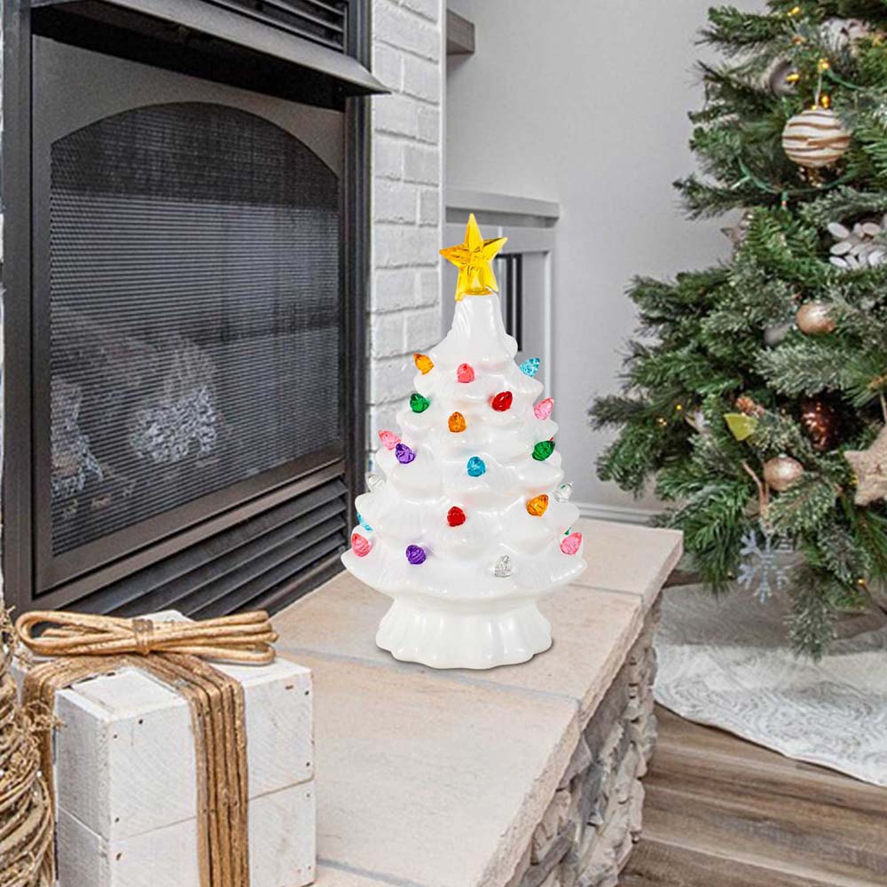 7 Zoll Keramik Weihnachtsdeko Dorf Baum LED Aufsatz Stern Mehrfarbige Lichter Dekorative Atmosphäre Mittelstück Tischdisplay