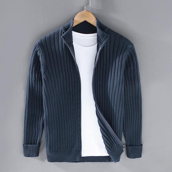 Fall Winter Men Coat Zipper Closure Knitted Cardigan Stand Collar Long Sleeves Solid Color Thick Elastic Loose Striped Texture Daily Wear Knit Jacket