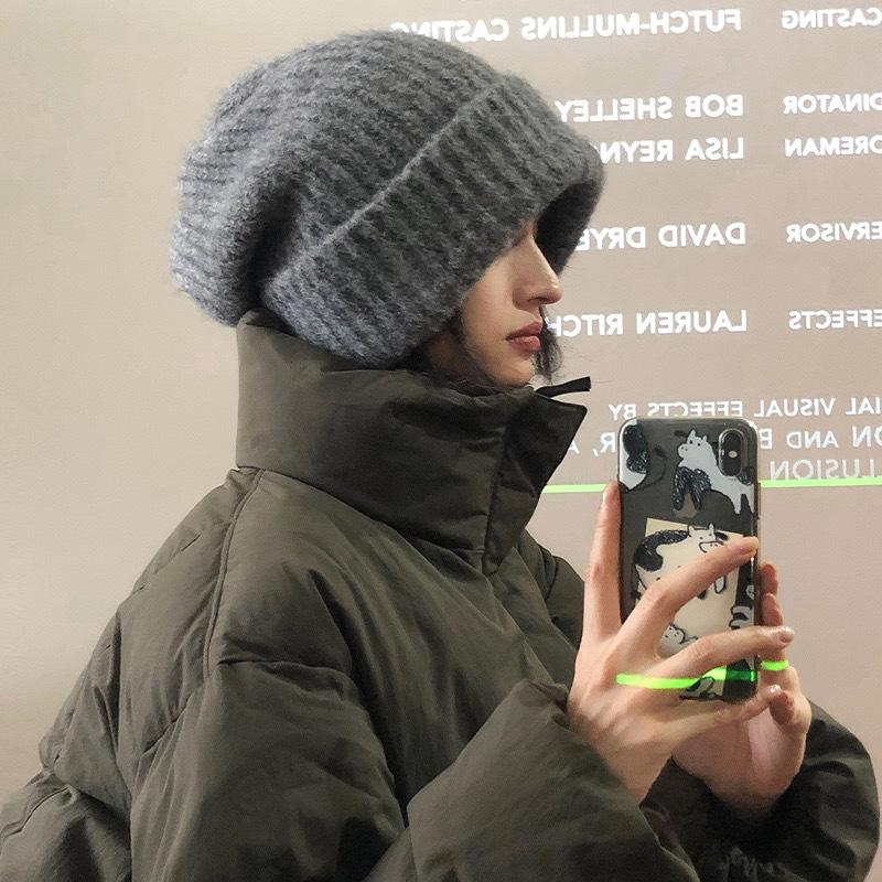 Wool Solid Color Knitted Hat for Women In Autumn and Winter Versatile Big Head Circumference Pile Hat Cold Hat Warm Face Small Wool Hat Men