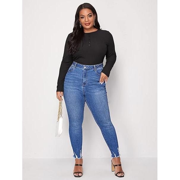 Women's Casual Style Blue Stretch Slim Skinny Jeans Plus Size Ripped Denim Pencil Pants Autumn Fashionable Solid Washed Waist