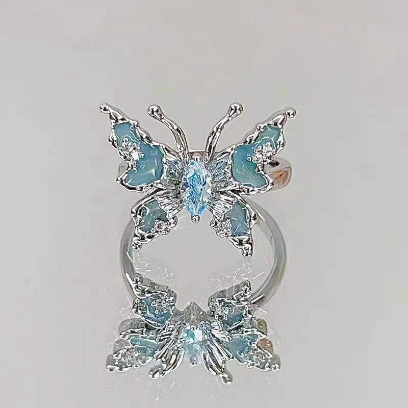 Blue butterfly oil drop enamel open ring sweet spice girl style personality versatile