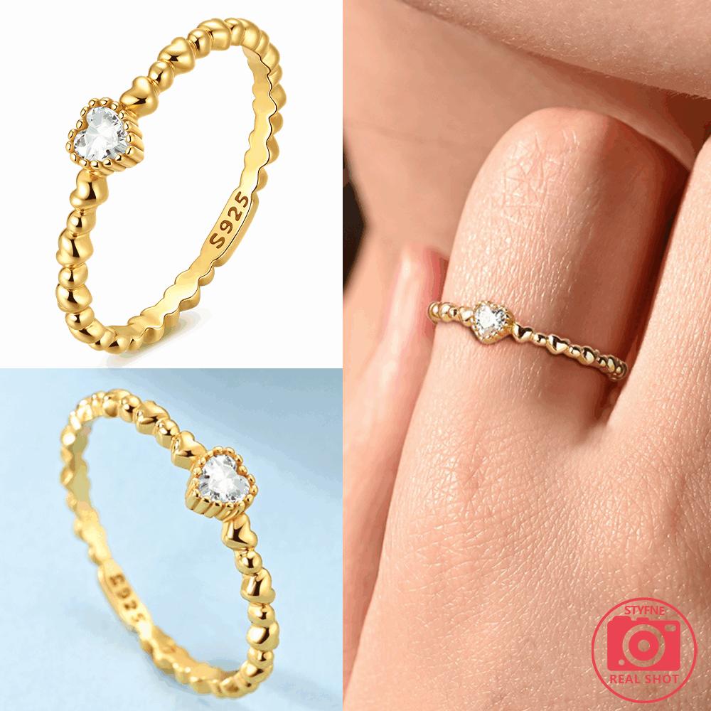 Original  Gold Plated CopperHeart Clover Zircon Beaded Stackable Ring 6-9 Size Women Valentine Daily Jewelry Gift