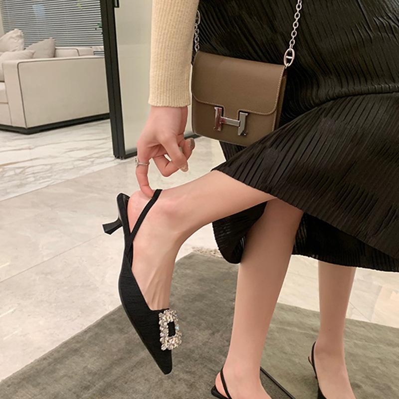 Grape mother studiolee 2025 new square buckle rhinestone pointed head shallow mouth rear empty stiletto sandals women's summer
