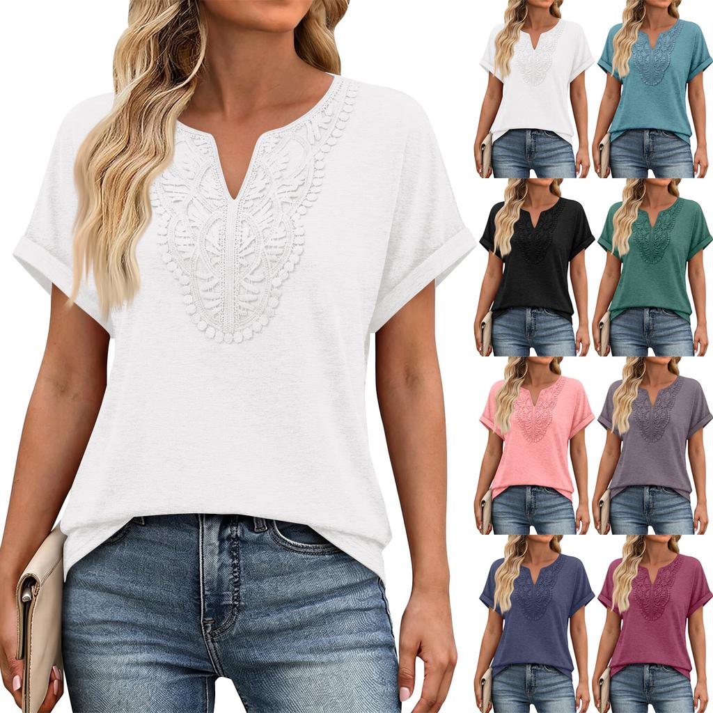 Women V Neck Short Sleeve Top with Embroidered Front Casual Loose Fit Bohemian Style Lightweight Summer Shirt Blouse