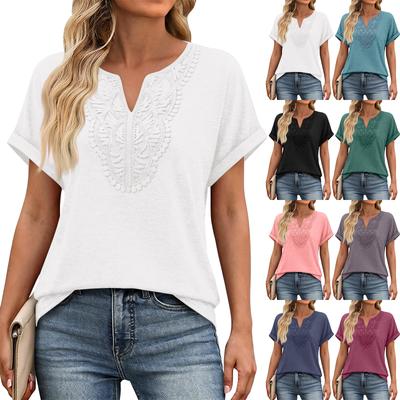 Damen V-Ausschnitt Kurzarm Top mit bestickter Vorderseite Lässiger Lockerer Sitz Bohemian Stil Leichtes Sommerhemd Bluse