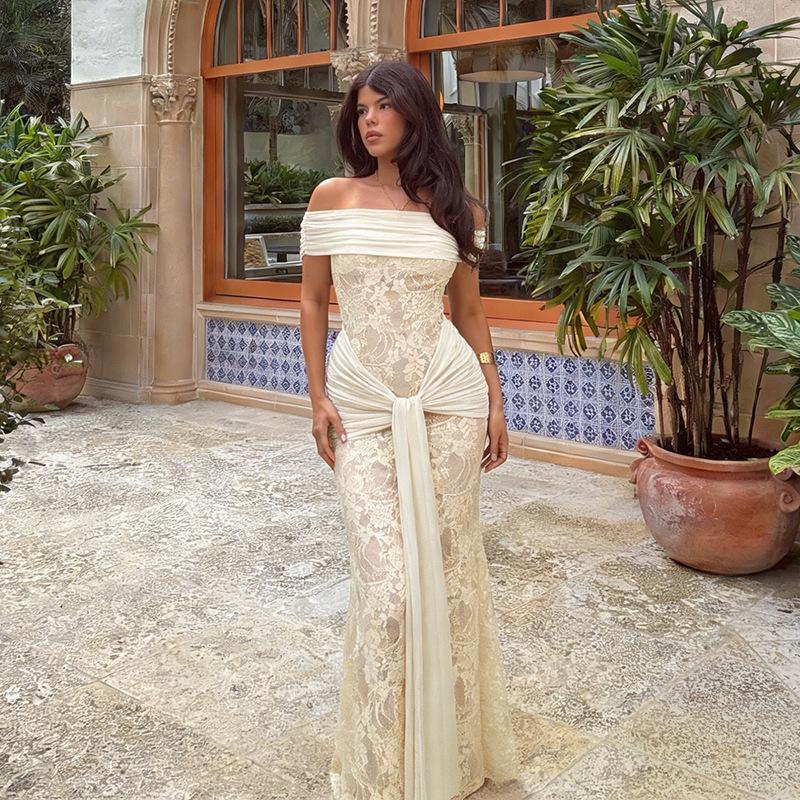 Ilya strap one-word shoulder lace dress, summer personalized slim-fitting waist dress