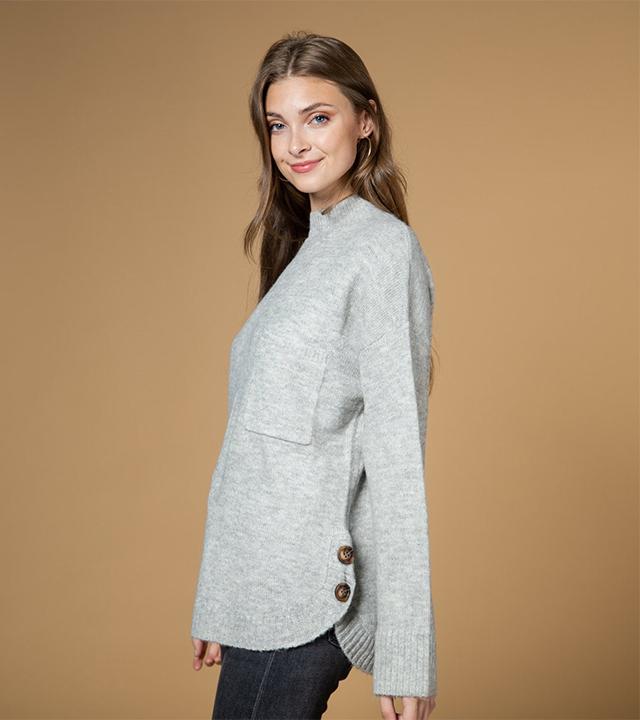 NEWIN Loose Fit Button Mock Neck Long Sleeve Knit Sweater