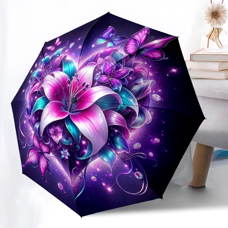 Flower Automatic Folding Umbrella Compact 8-Rib Design Durable Plastic & Iron for Outdoor Daily Use Gift for Friends & Family