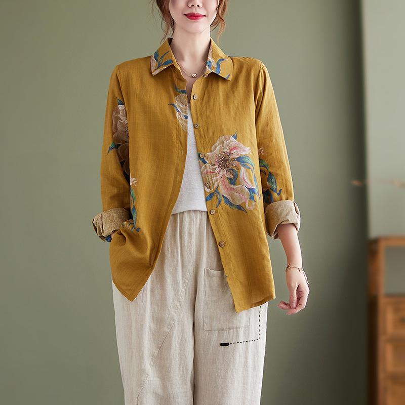 Women s Retro Floral Cotton Linen Shirt - Plus Size, Loose Fit, Long Sleeve, Spring/Autumn Medium