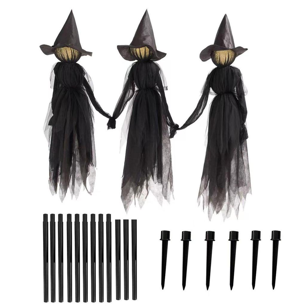 Witches Holding Hands And Glowing Faces - Set Of 3 Witches - 6 Feet Tall - Outdoor Yard Halloween Decoration