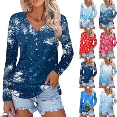 Women's Fashion Casual Long Sleeve Christmas Printed V-Neck Button Top