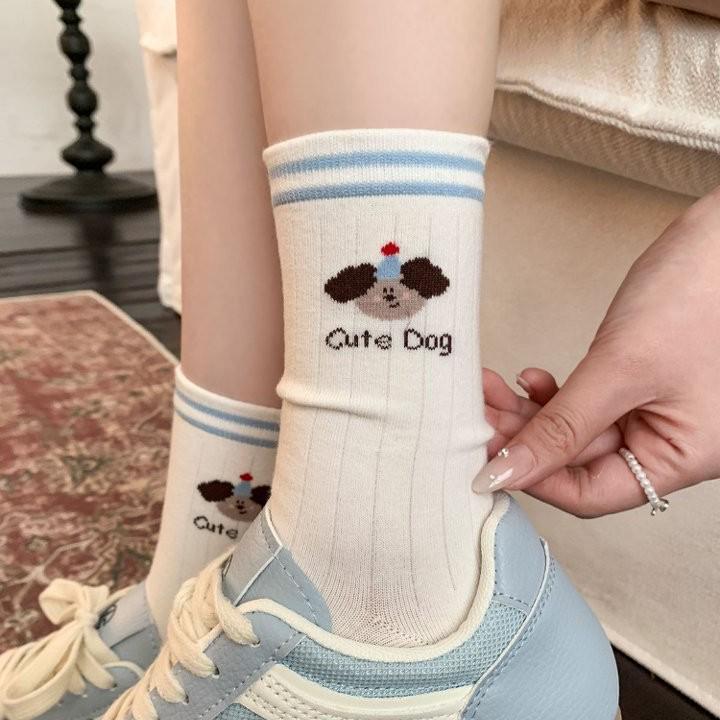 Forest-Style Puppy Cartoon Mid-Calf Cotton Women's Socks – Comfortable, Breathable, Embroidered, Seamless Slouch Design