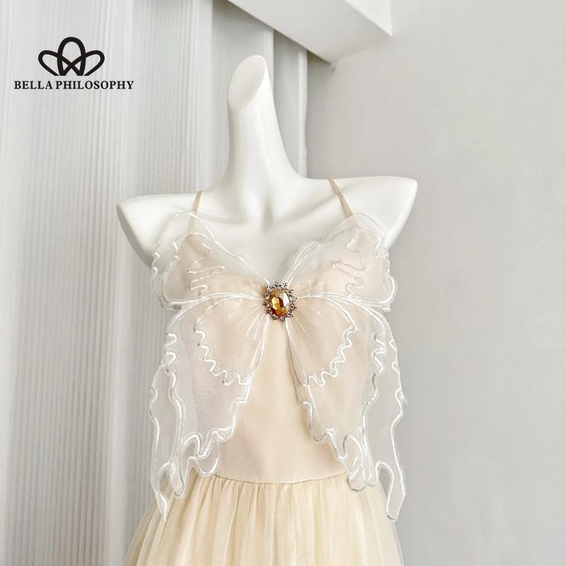 Süßes Maxikleid mit Spaghettiträgern und Schleife im französischen Stil aus Tüll für den Sommerurlaub – schickes ärmelloses Kleid für Damen