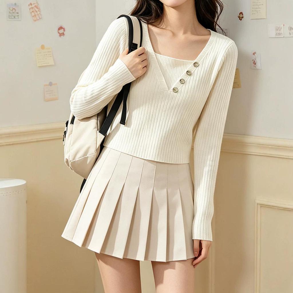 Women’s White Ribbed Square Neck Knit Sweater - Faux Layered Style, Loose Fit for Autumn/Winter