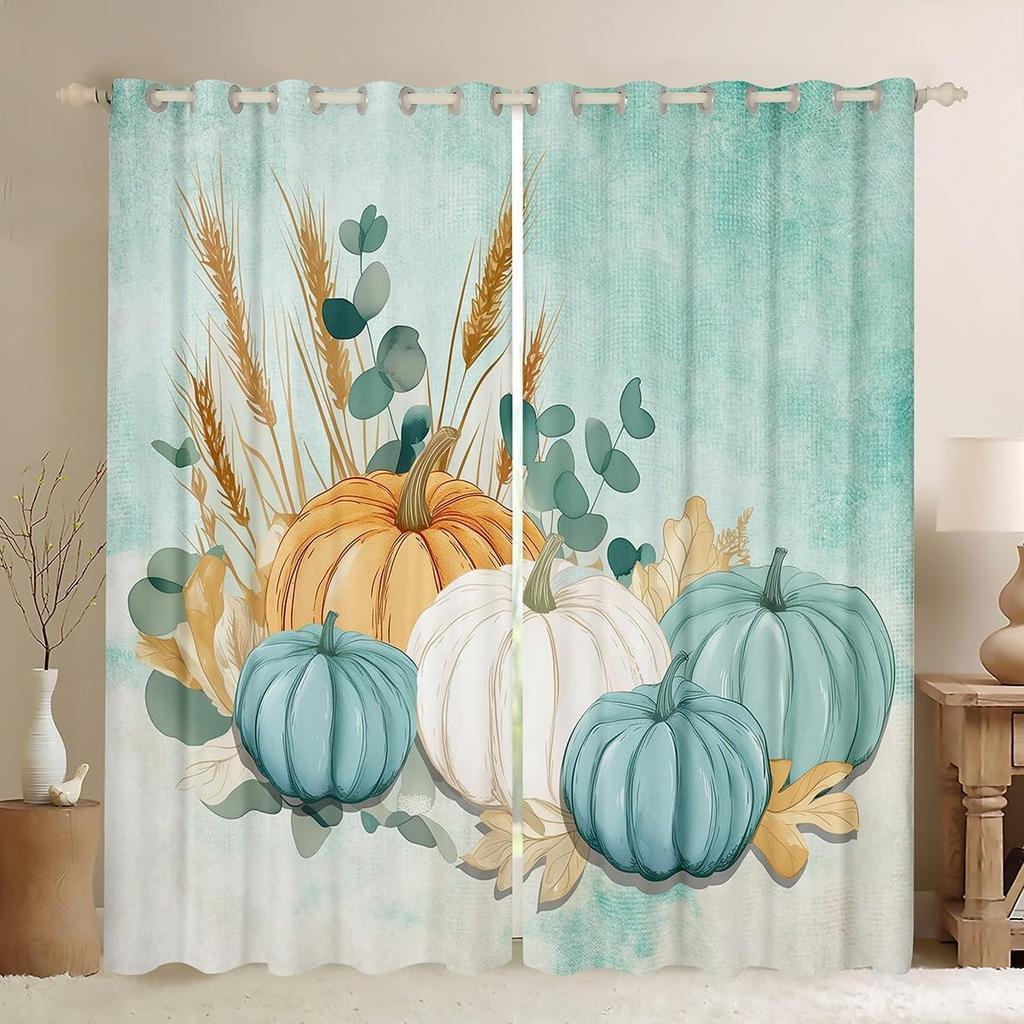 Herbst Kürbis Gardinen Vorhänge Halloween Thema Vorhänge Schlafzimmer Wohnzimmer Ahornblätter Festival Fensterdekorationen Polyester Waschbar Sitzfertig