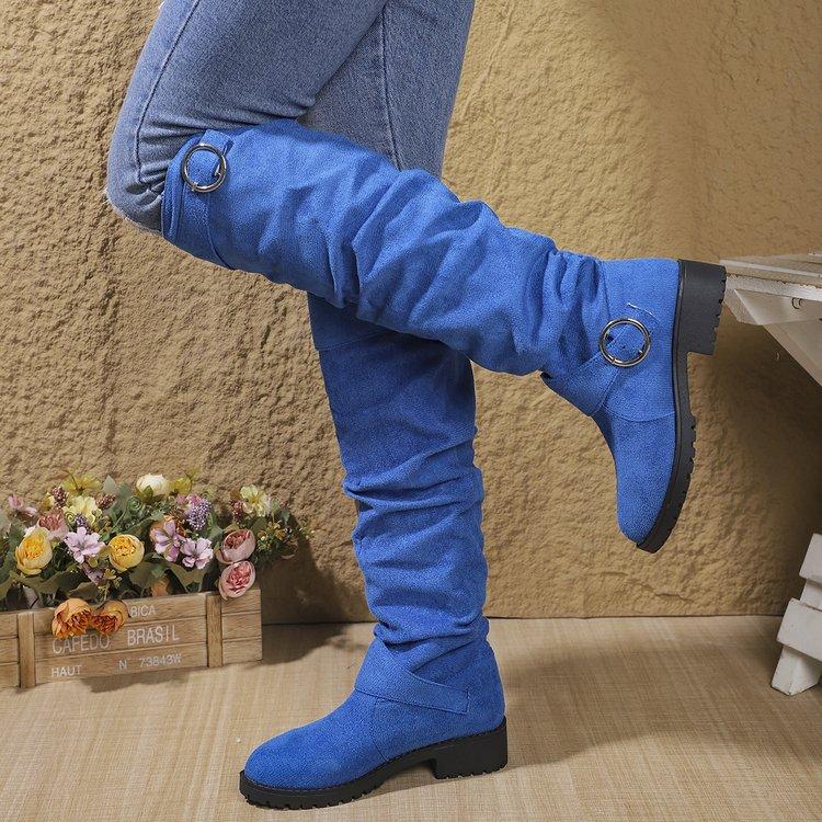 Women's Solid Color Trendy Boots, Buckle Belt Pull On Chunky Heel High Knee Boots, Winter Round Toe Slouchy Boots