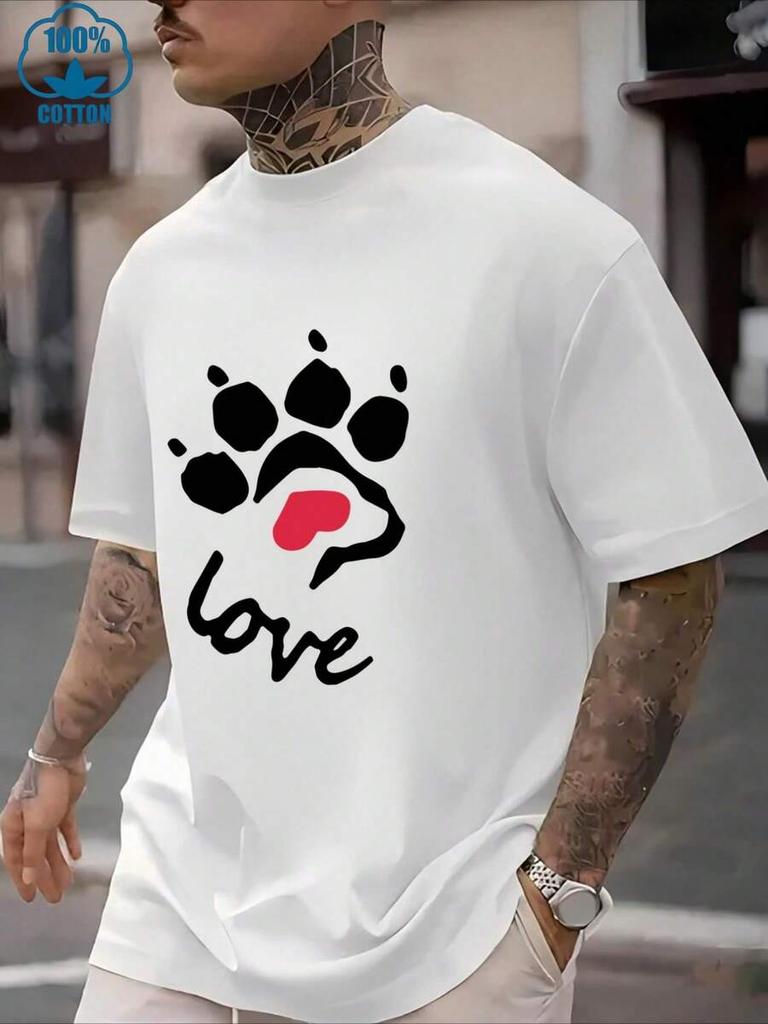 Unisex's Casual Crew Neck Short Sleeve Paw Love Print T-Shirt