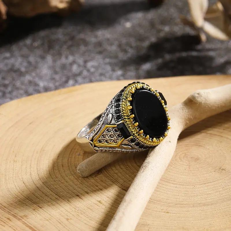 Retro Handmade Turkish Signet Ring Vintage Men Ancient copper Plated Pattern Ring Inlay Black Zircon Party Punk Motor Biker Ring