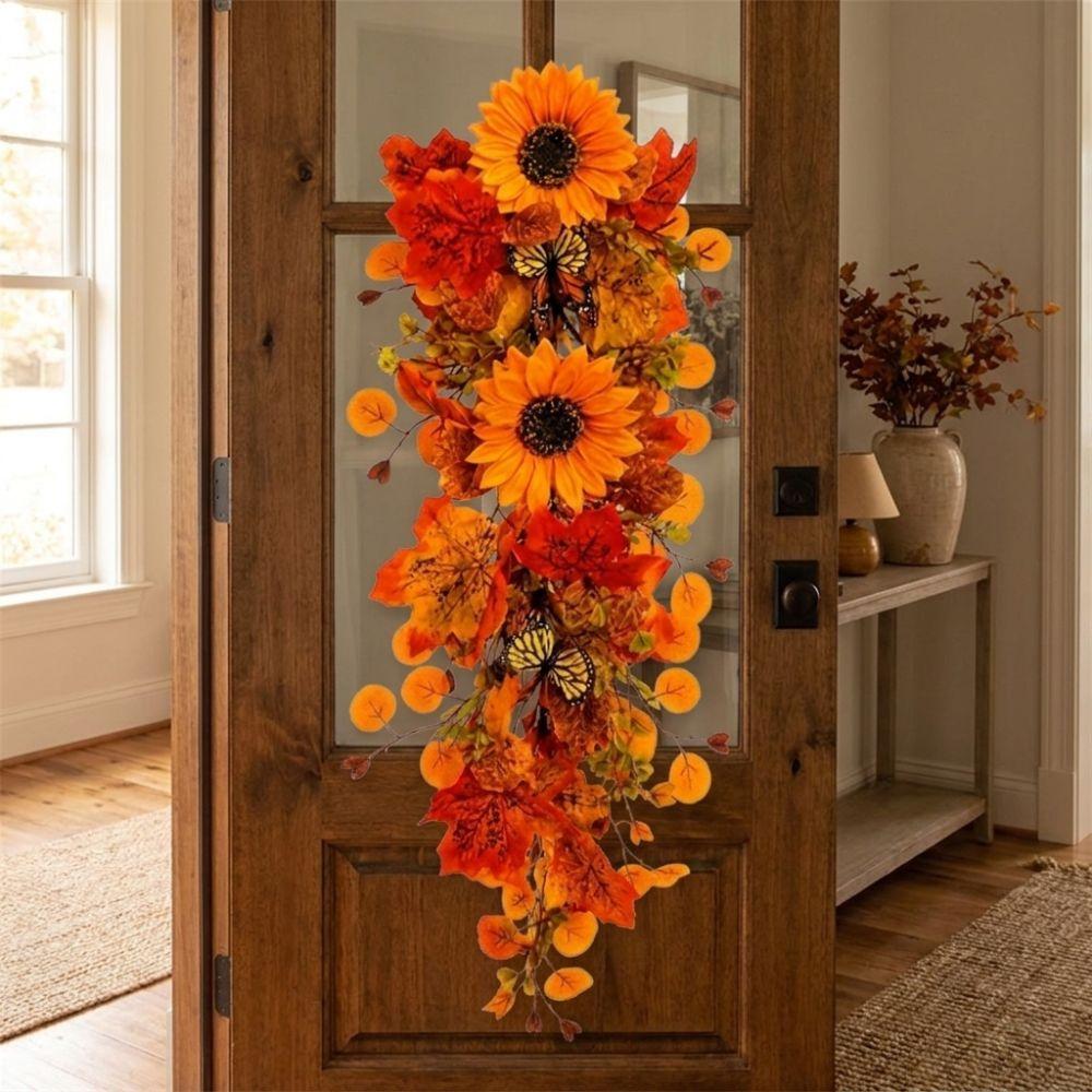 Lifelike Sunflower Wall Hanging Wreath with Butterfly Floral Maple Leaf Ornament  Front Door