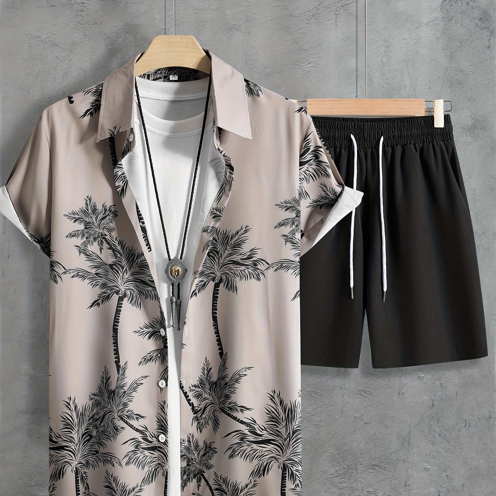 

Мужская рубашка с короткими рукавами и пляжные шорты с принтом кокосовой пальмы. Летний повседневный комплект из мужской рубашки и пляжных брюк. L
