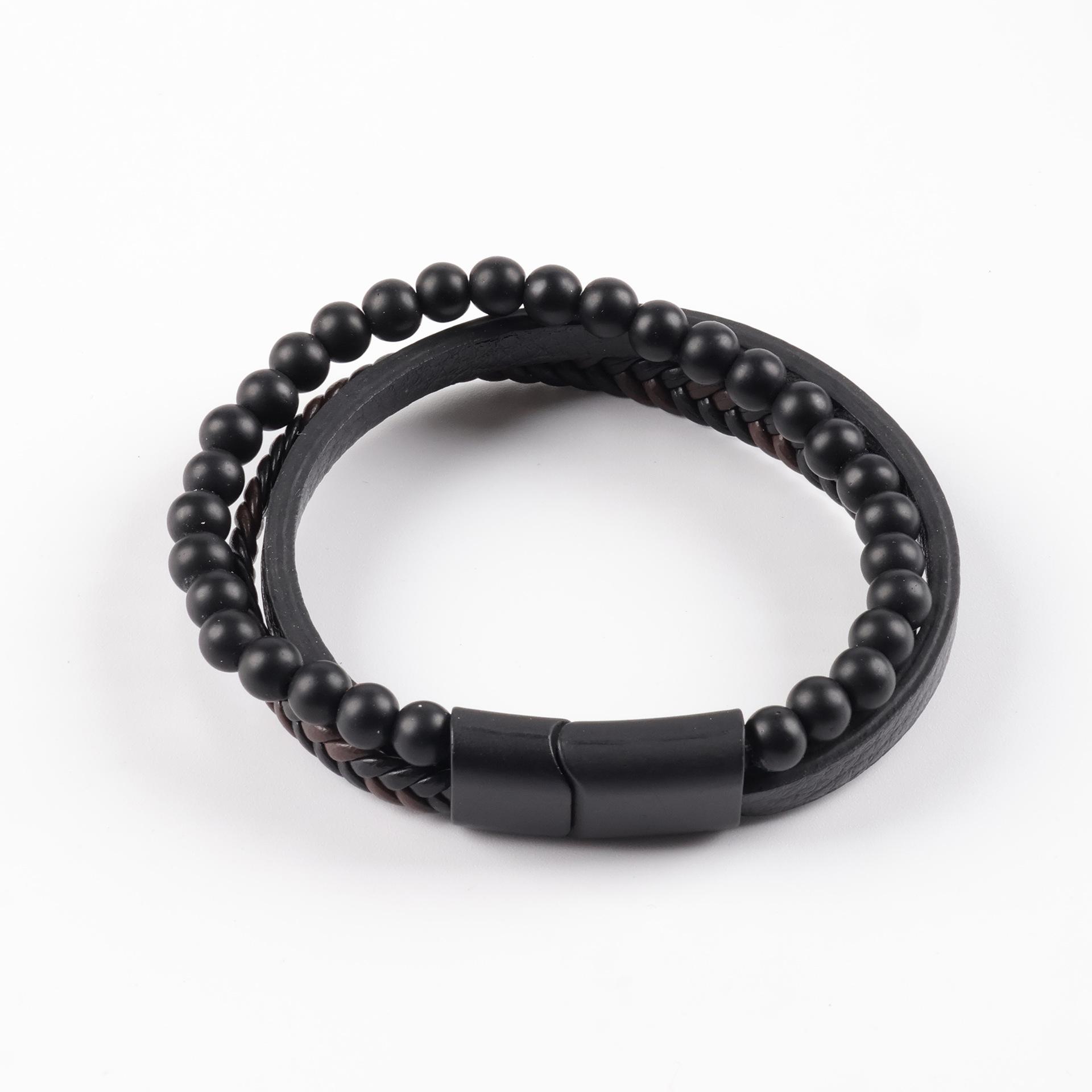 Men s Cross Beaded Volcanic Stone & Leather Multi-layer Bracelet как