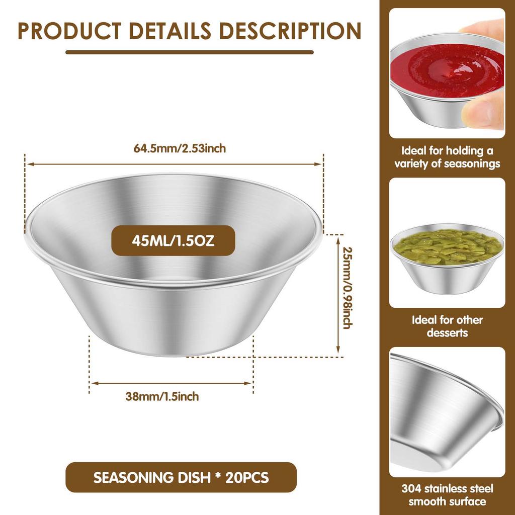 20/12Pcs Sauce Dipping Cup Stainless Steel Condiment Sauce Cup Reusa 1.5oz Mini Sauce Dish Dipping Bowl Salad Dressing Container