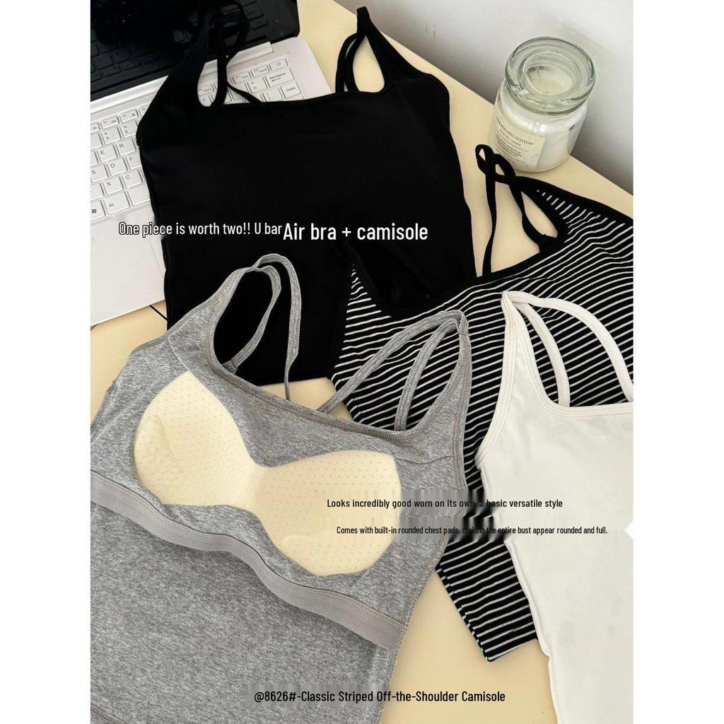 Striped Summer Camisole Vest with Chest Pads – Women's Cross Back Base Layer Outerwear