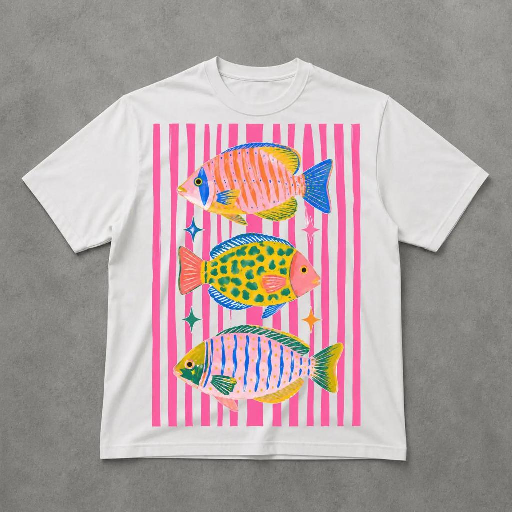 Vibrant Tropical Fish T Shirt Colorful Coastal Ocean Maximalist Beach Art Vintage Washed Graphic Top For Everyday Wear Homme