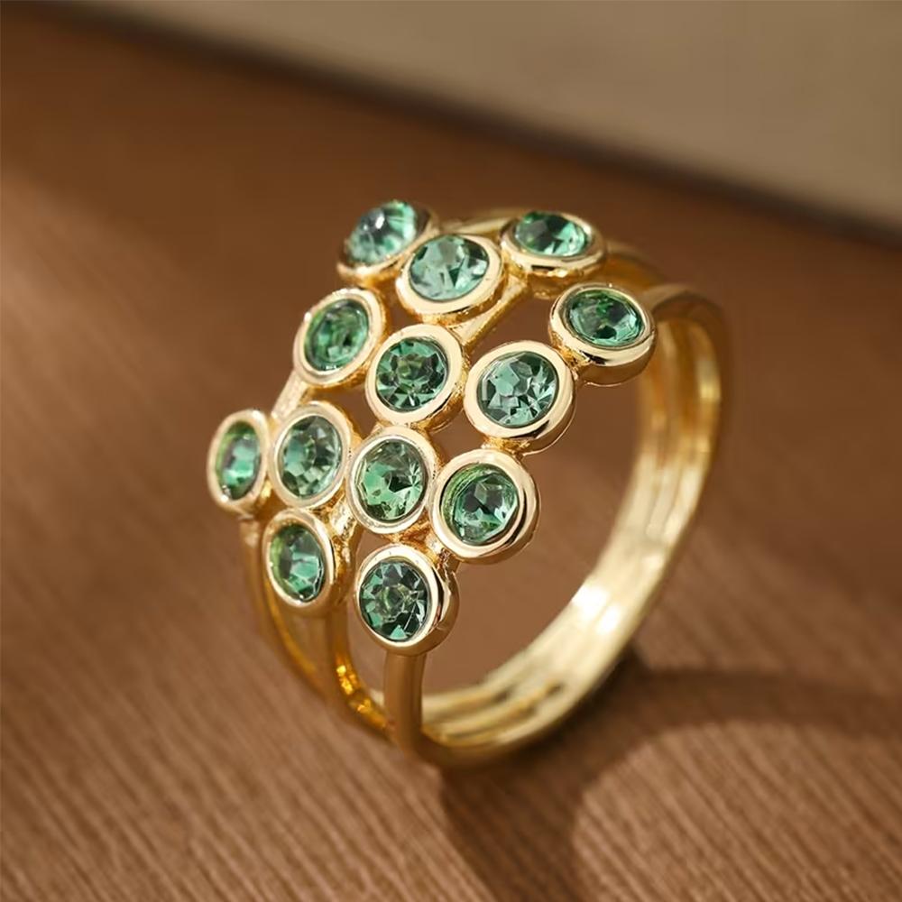 Green Cubic Zirconia Declaration Ring, Multi Row Bubble Bezel Set, Stackable Open Ring, Suitable for Elegant Party Jewelry Gifts