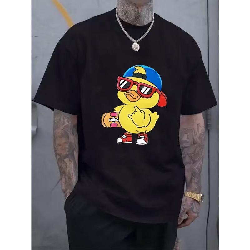 Men's Happy Duck Cartoon Print, Trendy Long Sleeve Crew Neck T-Shirt