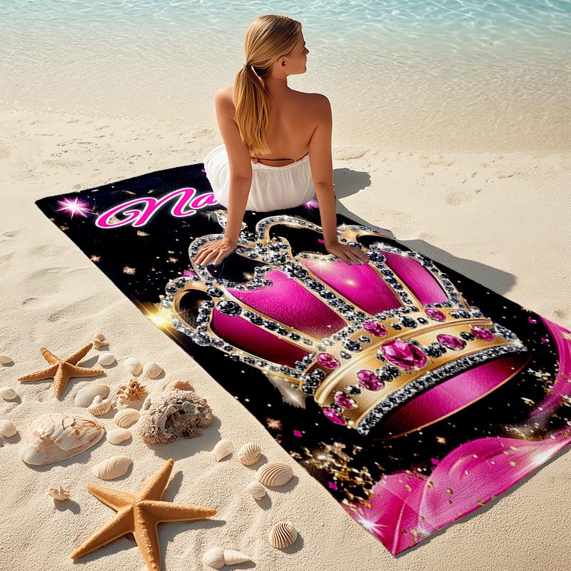 1PC Custom Name Crown Sparkle Princess Theme Beach Towel Highly Absorbent And Sand-Resistant Towel for Swimming, Pool, Yoga, And Travel Lightweight