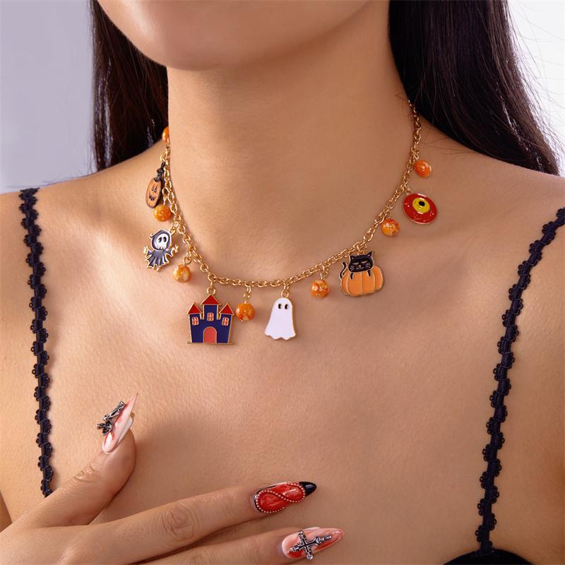 Gothic Punk Halloween Metallketten-Halskette für Damen Herren Vintage Schwarz Spinne Fledermaus Kürbis Geist Schlüsselbein-Choker Festival Schmuck