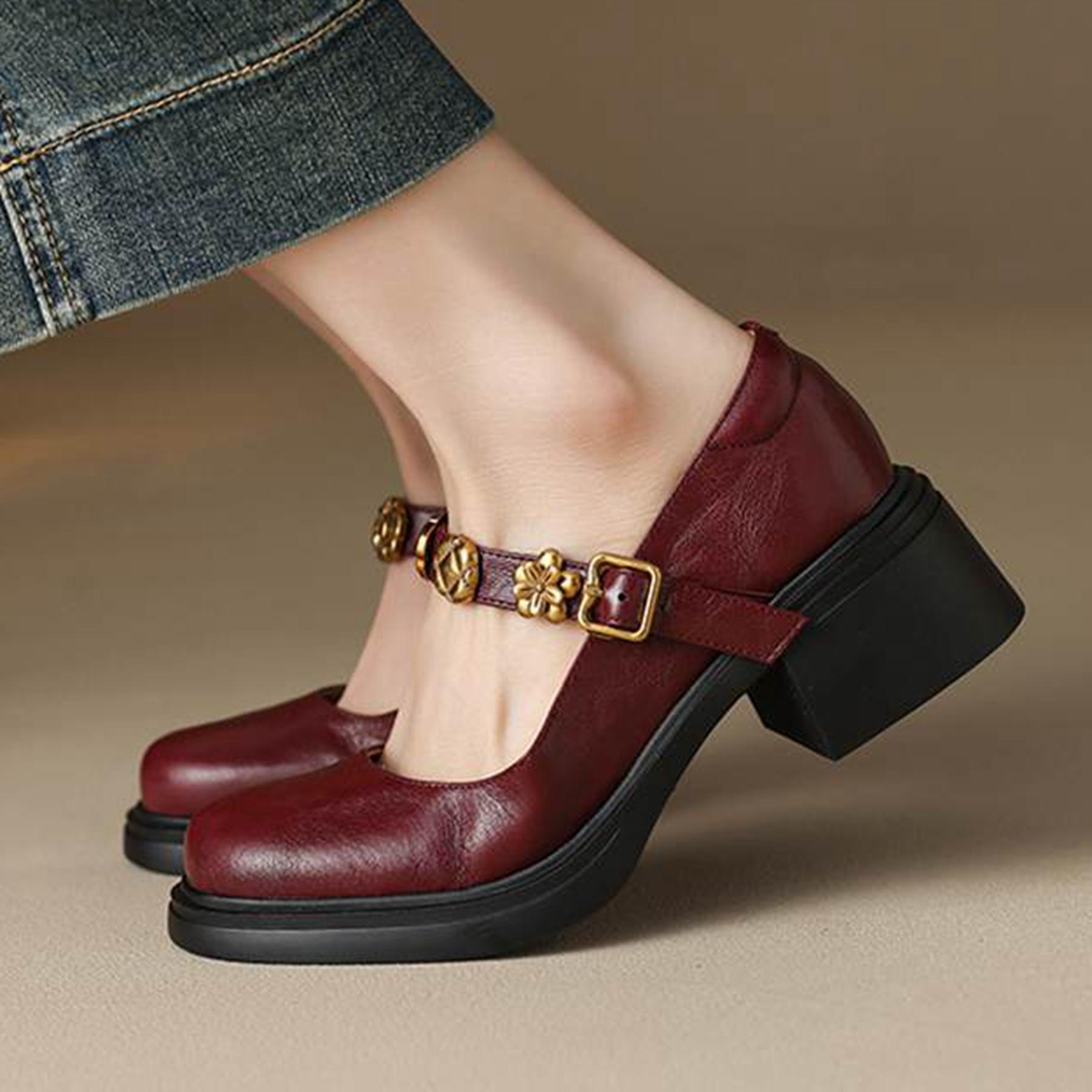 

Krazing Pot Sheepskin Round Toe Size 40 Thick Bottom Chunky Heels Metal Buckle Fashion Gladiator Autumn Shoes 34 коричневий