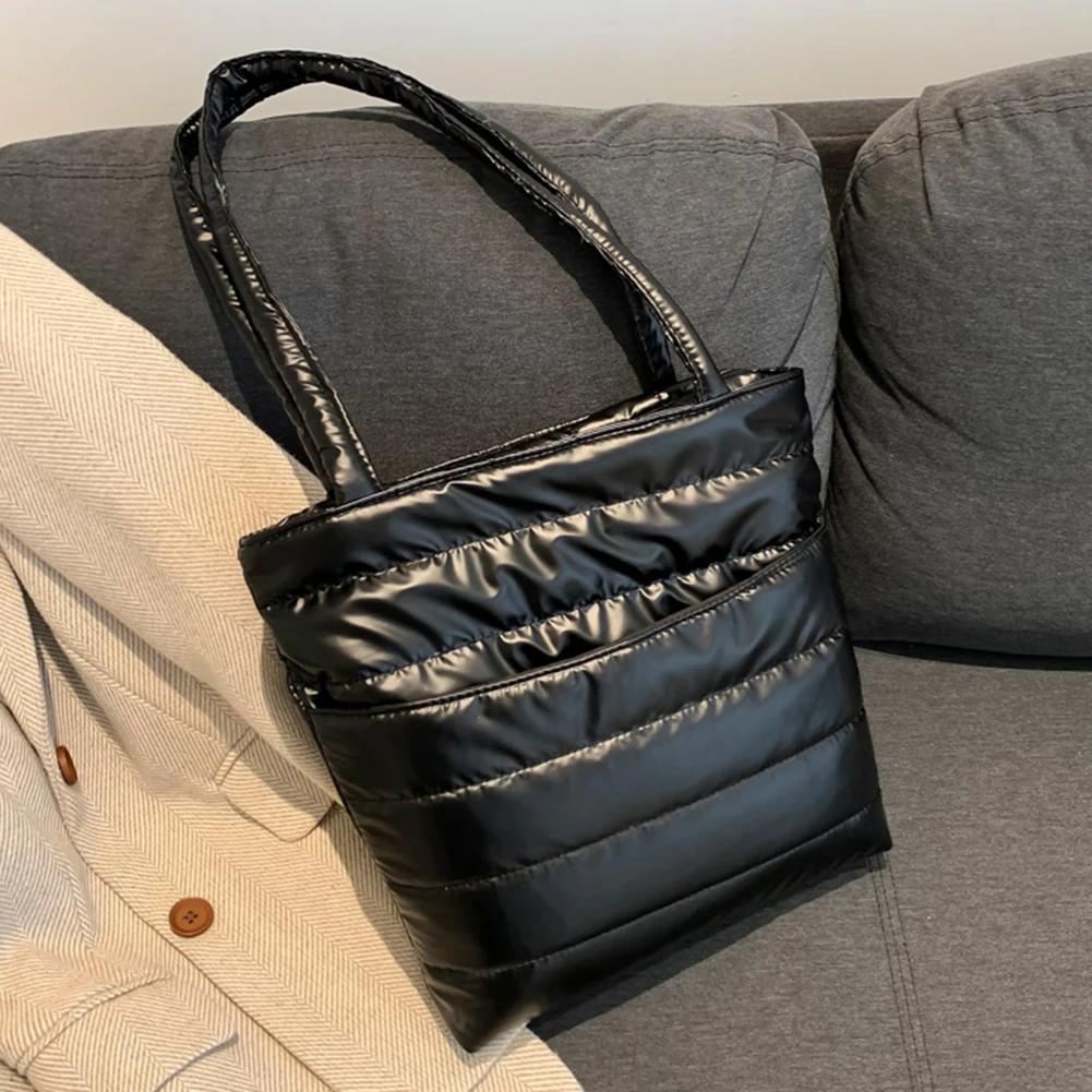 Women Padded Tote Bag Versatile Solid Puffer Bag Big Capacity Quilted Shoulder Bag Casual Winter Commuting Bag